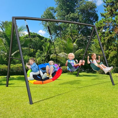 Hapfan 500lb Heavy Duty Metal Swing Sets for Backyard with Saucer Swing, 2 Belt Swings