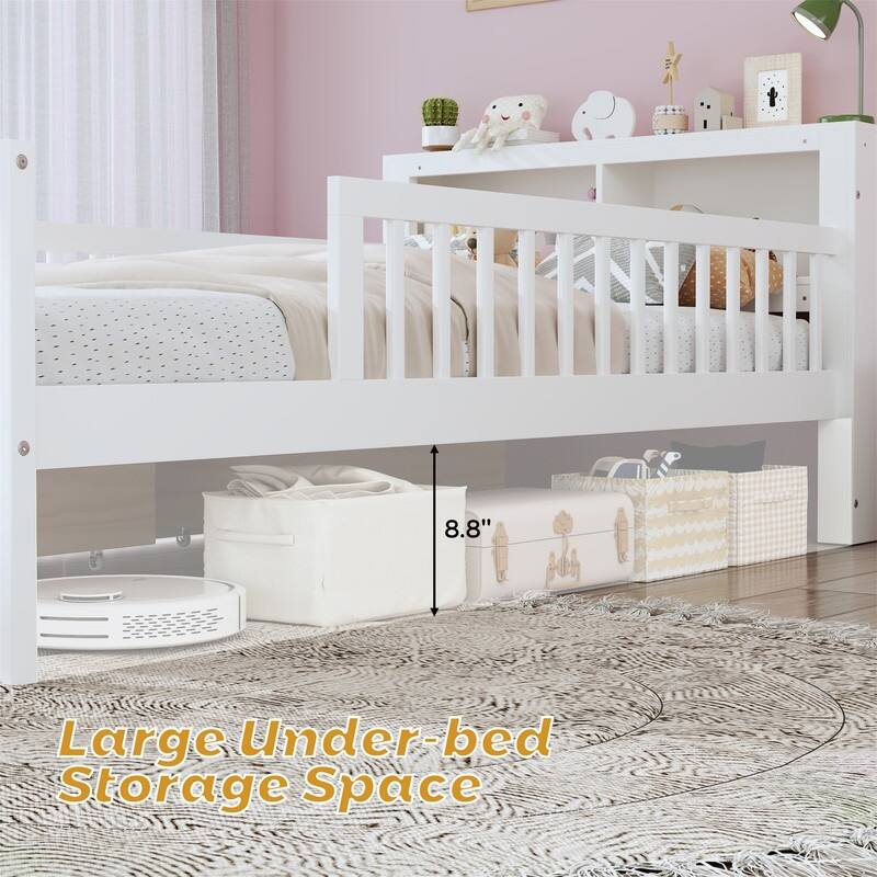 Twin Size Platform Bed with Storage Headboard and 2 Under-Bed Drawers, Wooden Bed Frame with Guardrails and Slats Support