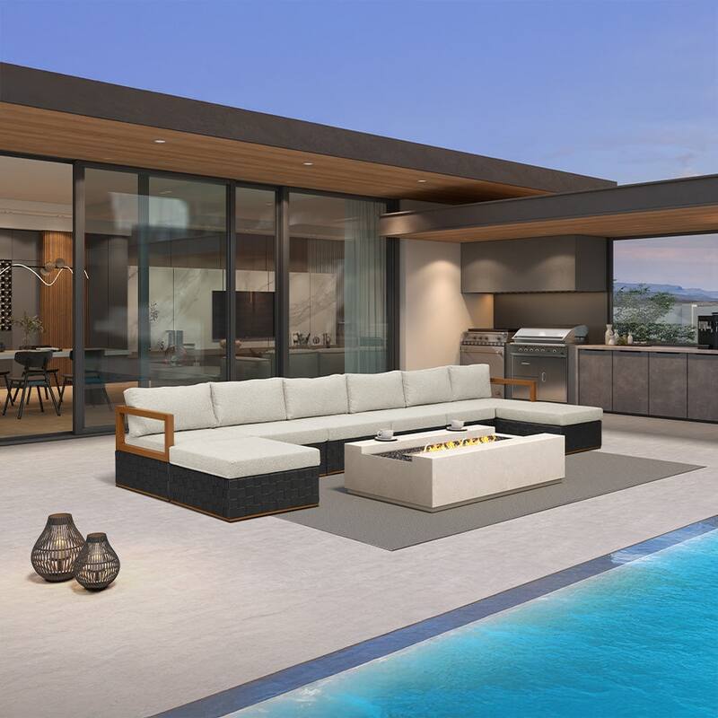 PURPLE LEAF GLFSF U-Shaped Black sofa with white seat Outdoor Couch for Yard Porch Deck Patio Conversation Sets - 6seats+ 2 Ottomans - U-shaped