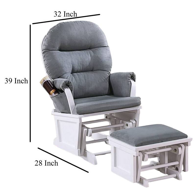 Noni Glider Manual Recliner Chair with Ottoman, White Wood, Gray