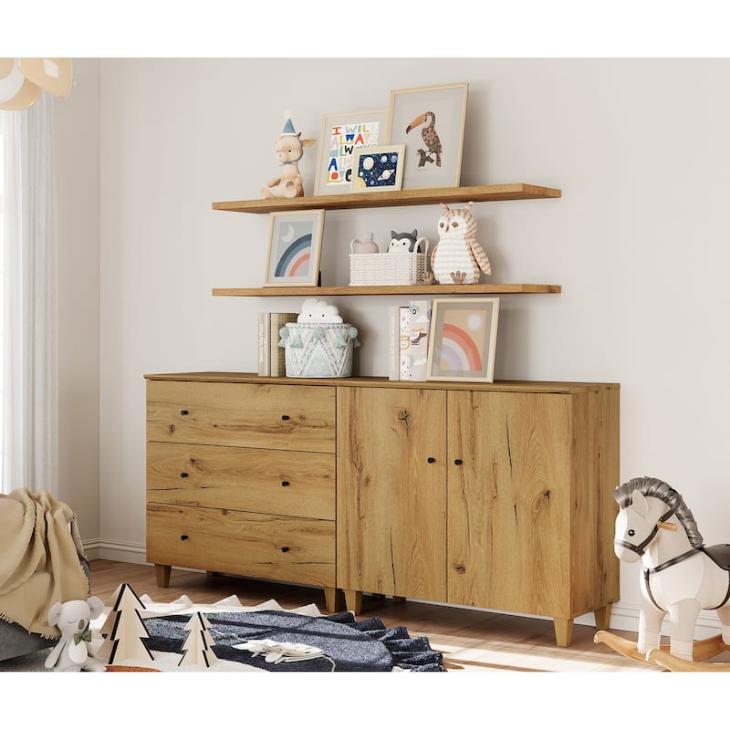 Wood Dresser with 3 Drawers and 1 Cabinet for Bedroom, 71" Wide