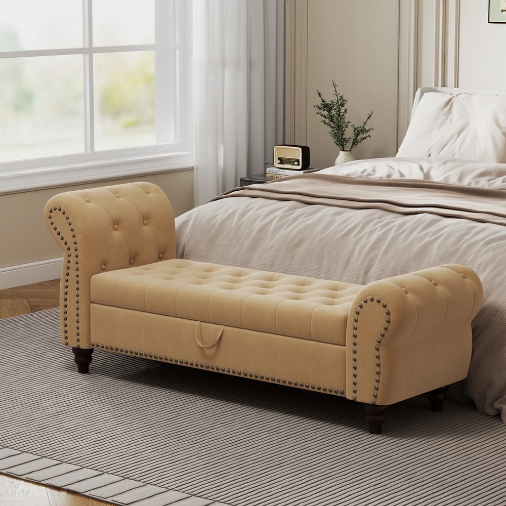 64.5" Storage Bench for Bedroom, Large Capacity Upholstered Ottoman, End of Bed Tufted Chaise Lounge with Rolled Arm