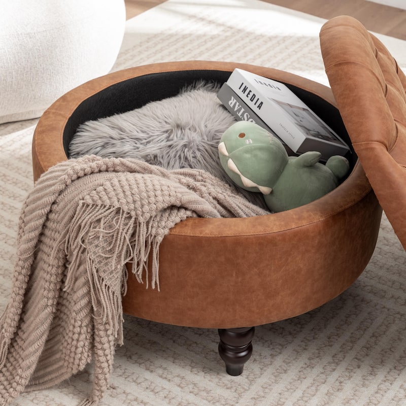 SEYNAR 29.5''Modern PU Leather Round Storage Ottoman with Wood Legs