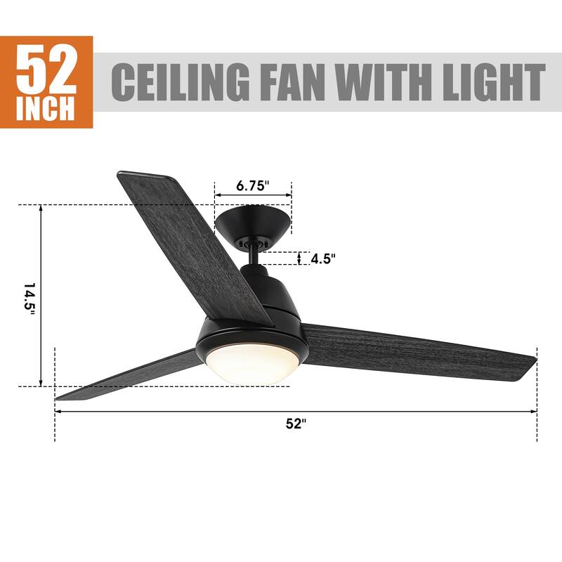 52-inch Modern Black Wooden Ceiling Fan with LED Light and Remote