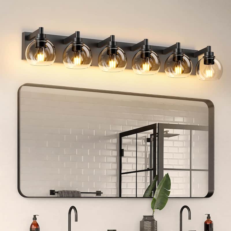 Bathroom Vanity Light with Clear Globe Glass Shades, Modern Black Wall Sconce Over Mirror, Vanity Lighting for Bath - Black - 6-Light