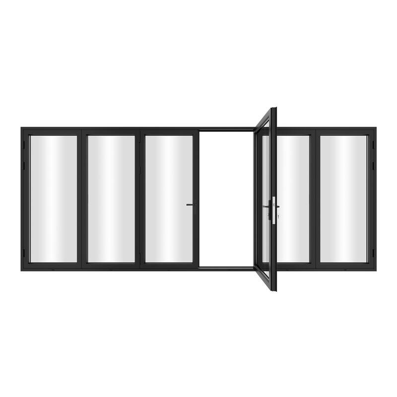 KaMic 192"×80" 6 Panels Aluminum Folding Door In Black,Folded Out From Dual Open Model #:FD6PBK19280-DO
