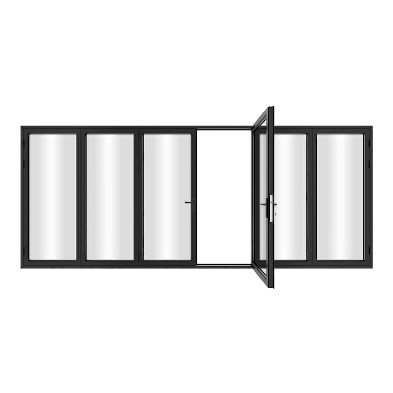 KaMic 192"×96" 6 Panels Aluminum Folding Door In Black,Folded Out From Dual Open Model #:FD6PBK19296-DO