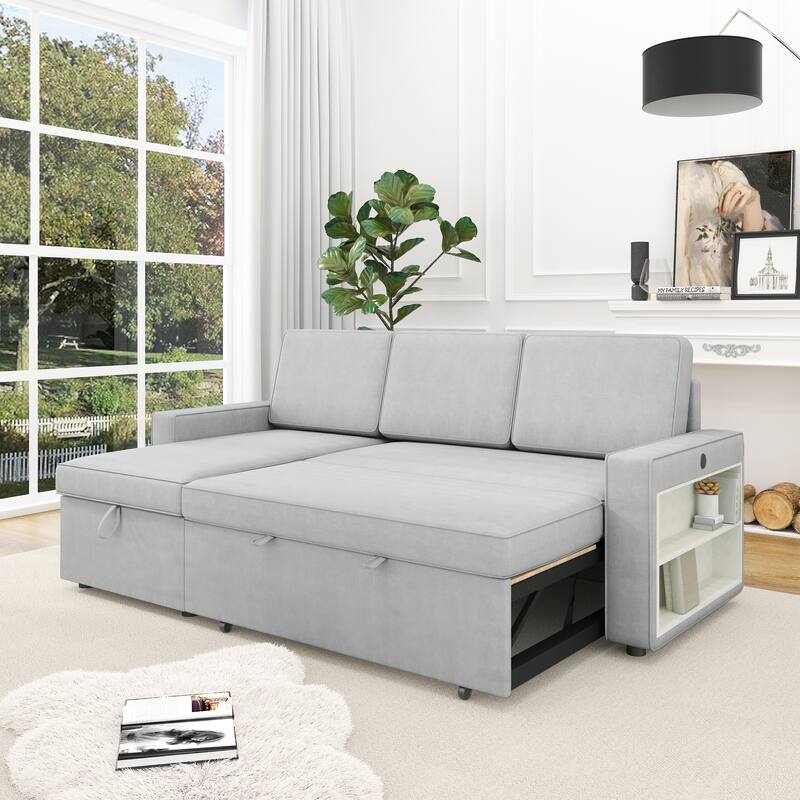 85.8" Pull Out Sleeper Sofa With USB Port And T-pyce Port - Light Grey