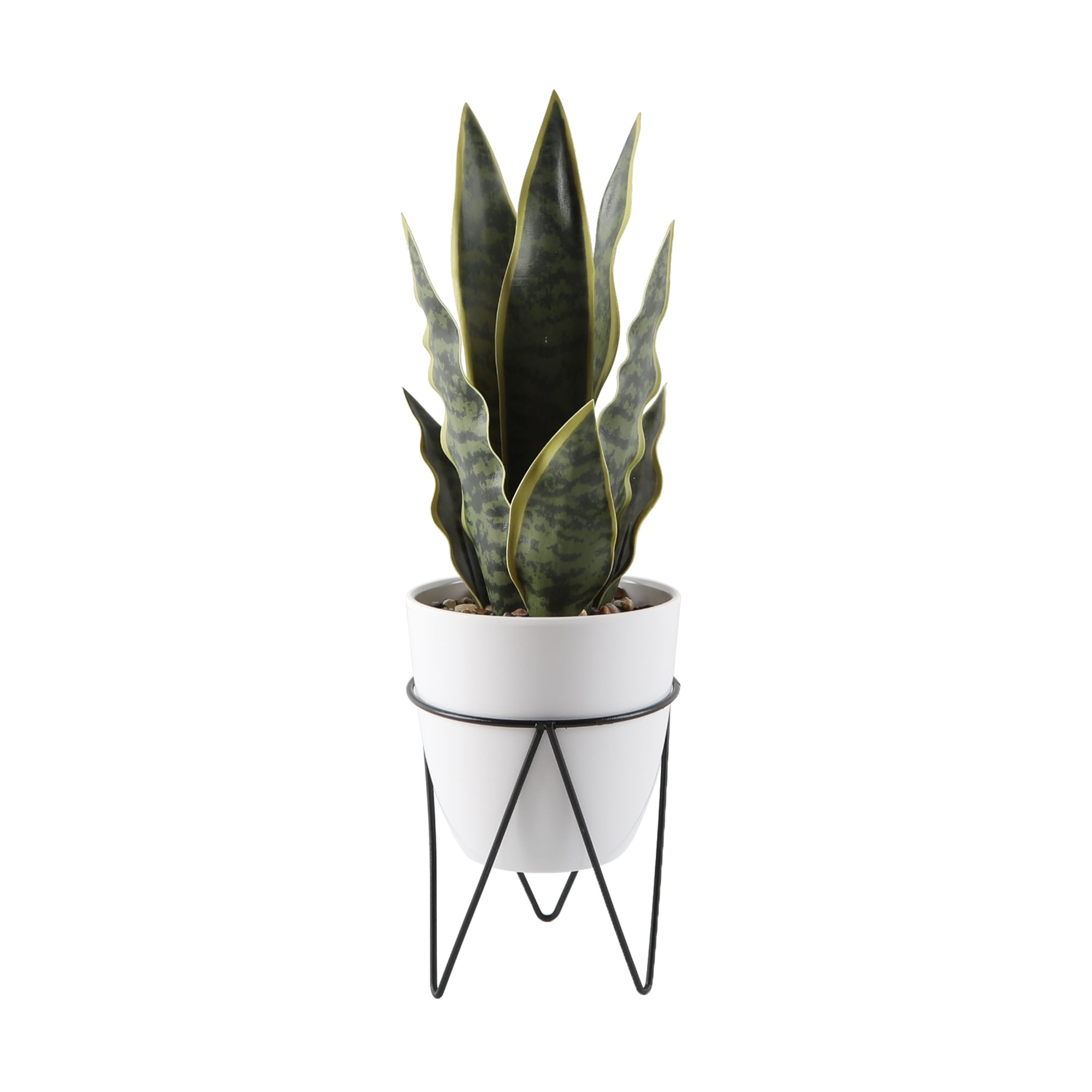 Faux Plant in White Ceramic Pot with Metal Stand