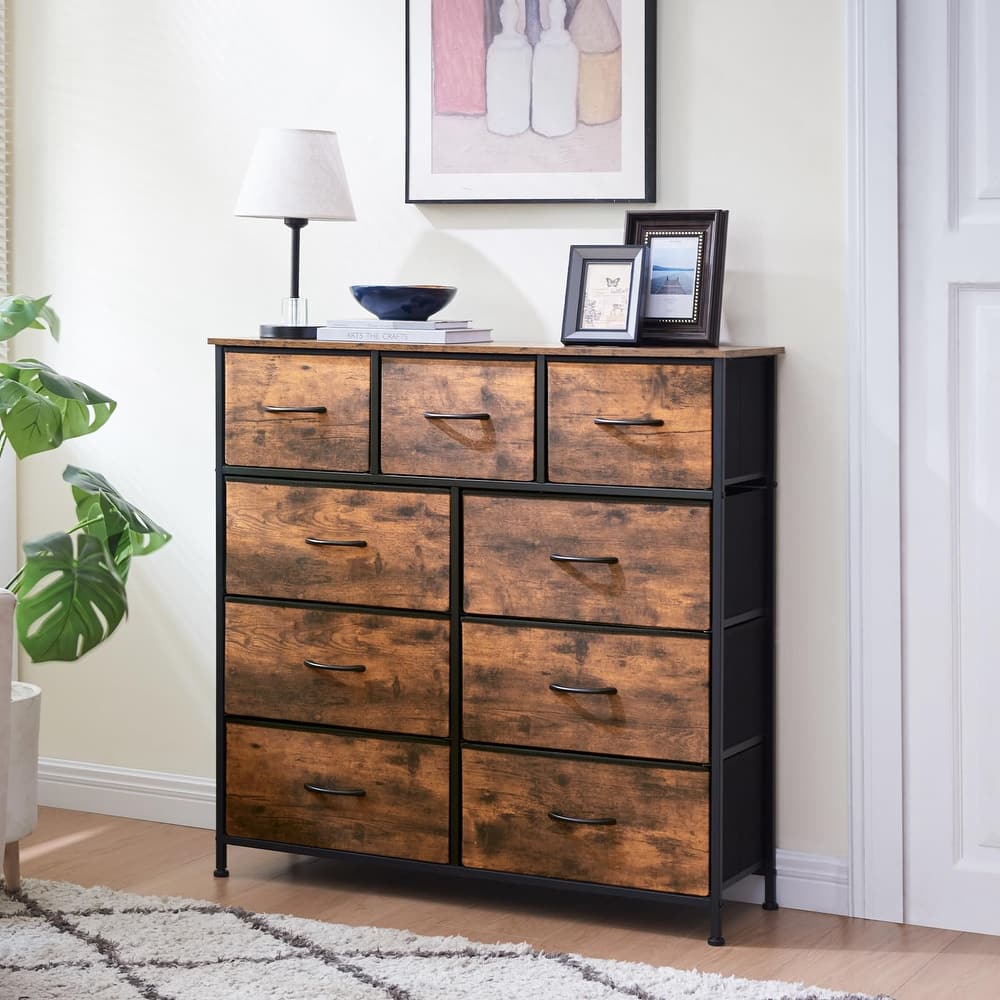 Dresser for Bedroom with 9 Fabric Drawers, Tall Chest Organizer Units for Clothing, Closet, Kidsroom, Storage Tower with Cabinet