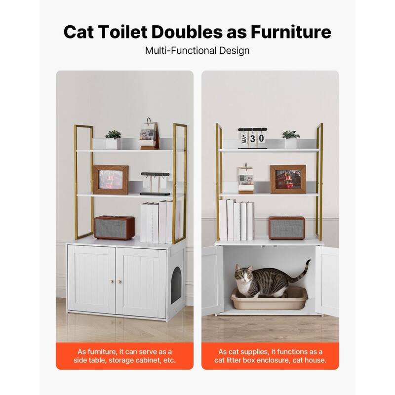 Modern White Cat Litter Box Enclosure with Gold Handles and Dual Door Hidden Cat Cabinet Table - 27.56 x 17.72 x 49.02 in