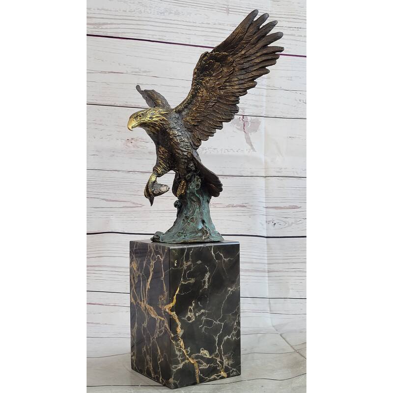 Flying Eagle Bird Catching Fish Bronze Statue Sculpture Signed Art On Marble Base