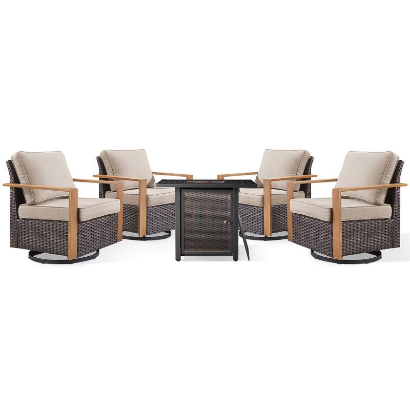 Meyreso 5-Piece Wicker Swivel Glider Metal Fire Pit Set with Plush 4.5" Olefin Cushions