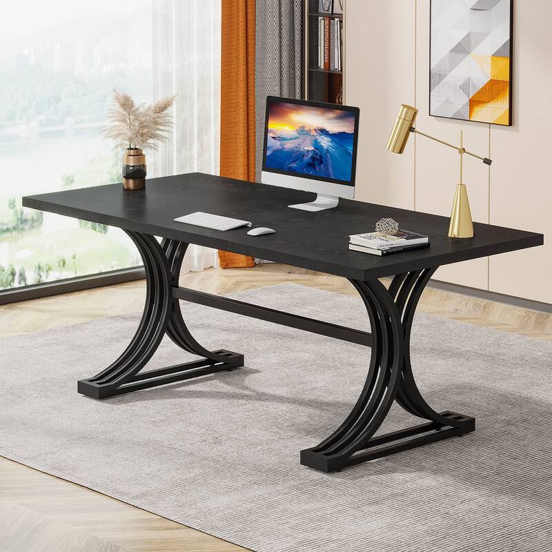 63" Large Rectangular Executive Desk, Wood Faux Marble Table, Business Computer Desk for Home Office