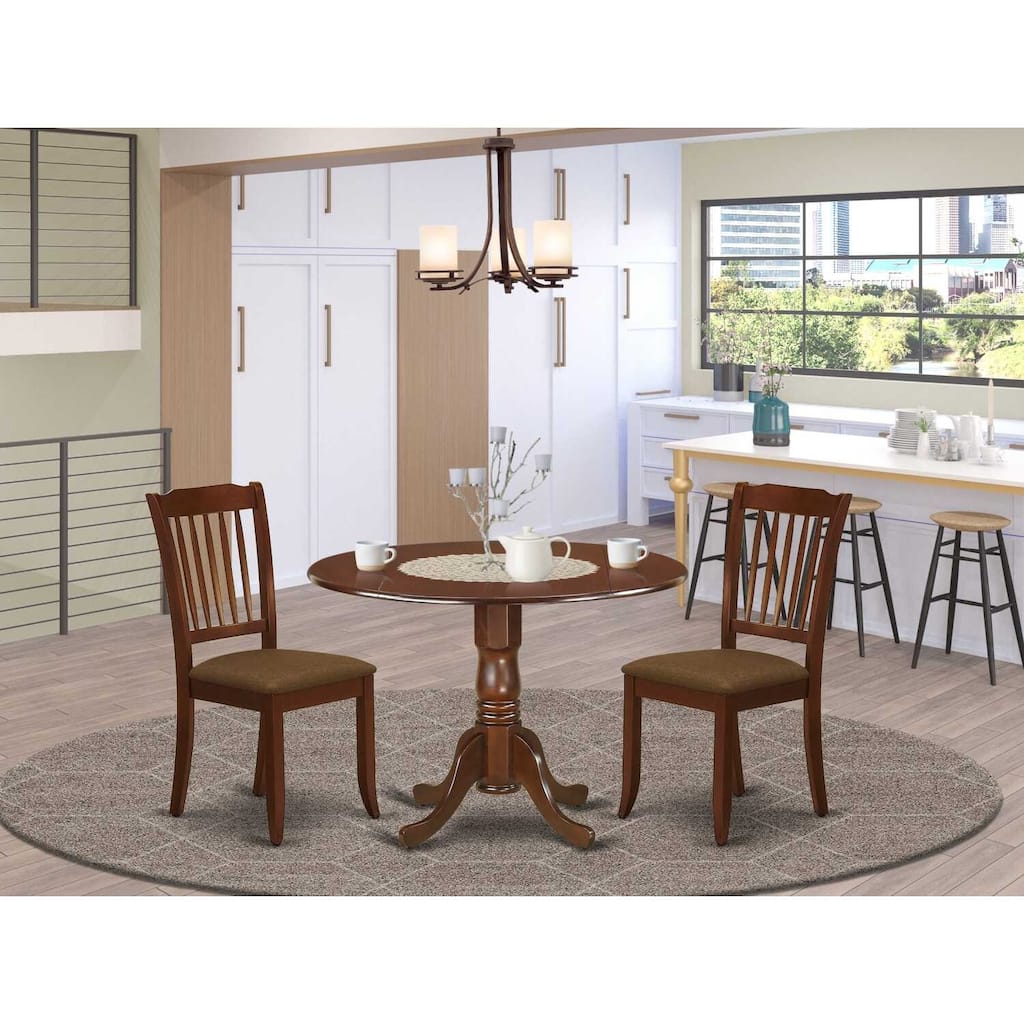 Round Dinette Set with Drop Leaf Table & 2 Linen Dining Chairs - Mahogany Finish