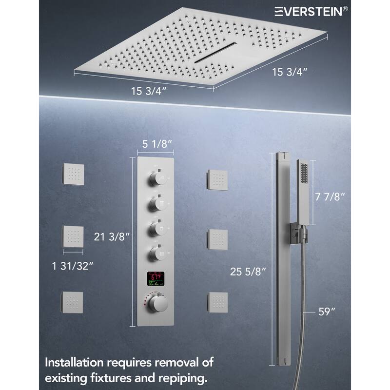 Digital Thermostatic Shower Set with Remote-Control LED Lights, Rainfall/Waterfall Combo and Massaging Jets
