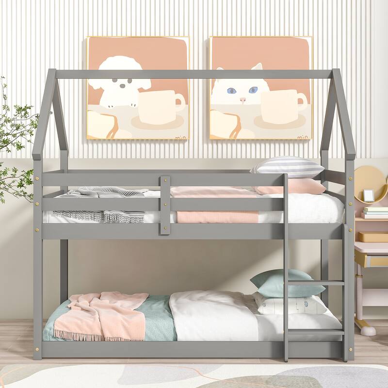 Twin over Twin Loft Bed Wood House Bunk Bed & Low Height Design Kids