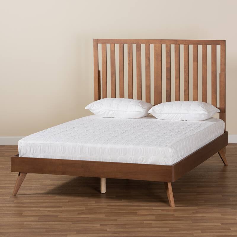 Saki Mid-Century Modern Walnut Brown Finished Wood Platform Bed
