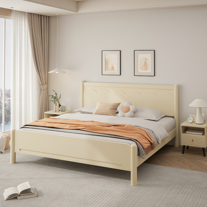 King Size Wood Platform Bed Frame with Headboard and Wooden Slat Support,Beige