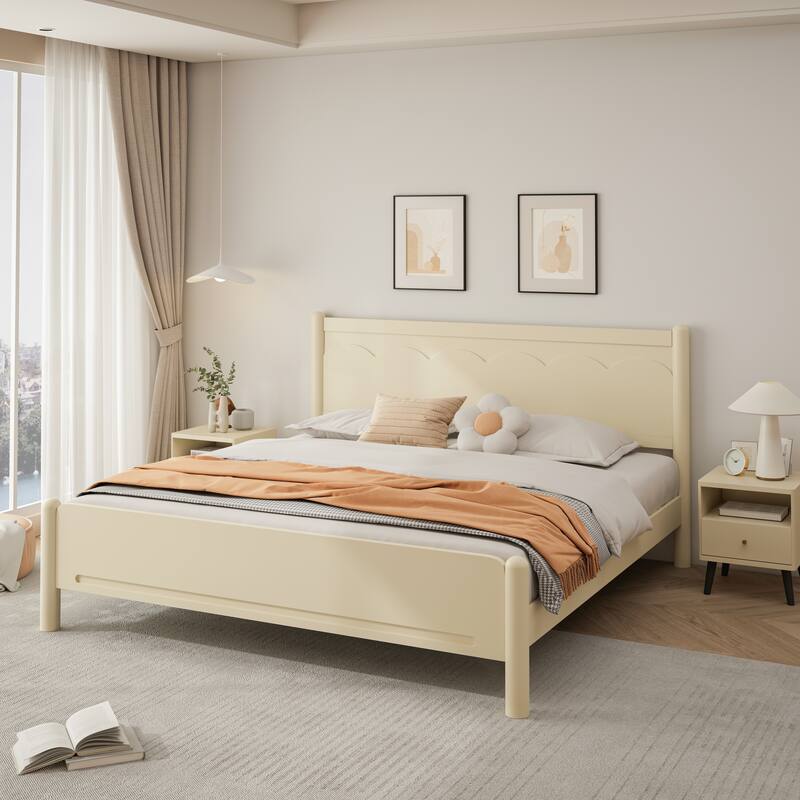Wooden Platform Bed with Headboard, Solid Pine Kids Bed Frame, Wood Slat Support - Beige - King