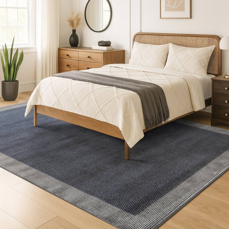 Modern Geometric Stripe Bordered Area Rug for Living Room, Bedroom, or Entryway - Low Pile Indoor Rug