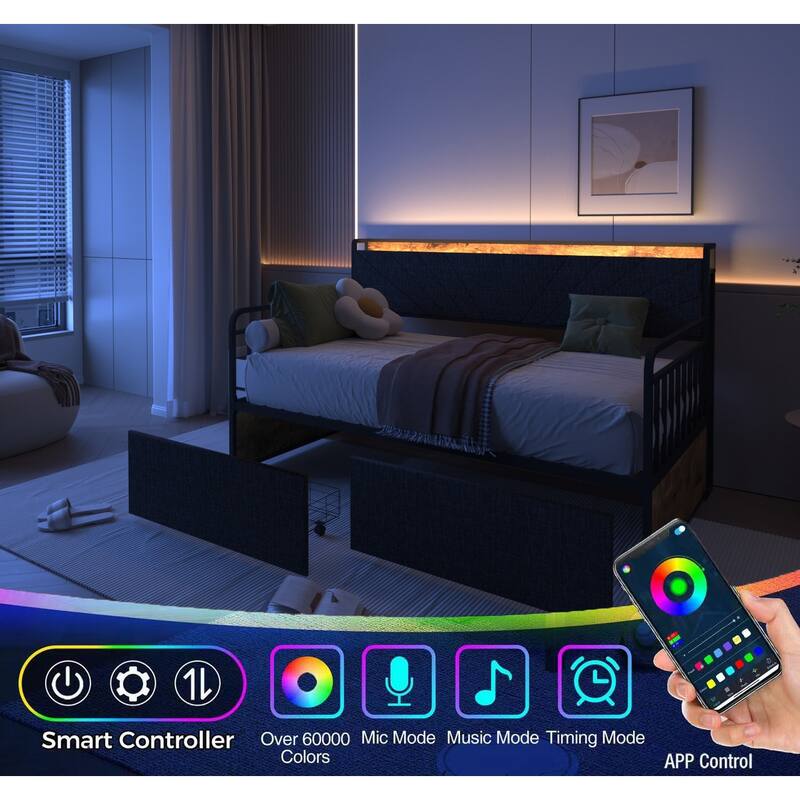 Compact Twin Daybed with Upholstered Headboard, Charging Station, and RGB LED Lighting