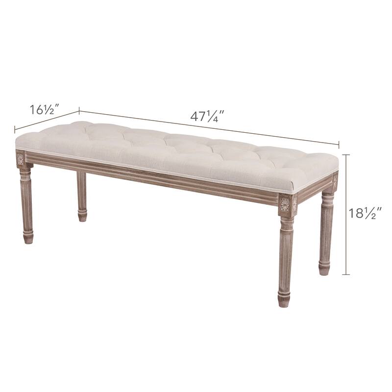 CO-Z Extra Long French Vintage Upholstered Bench w Carved Wood Frame