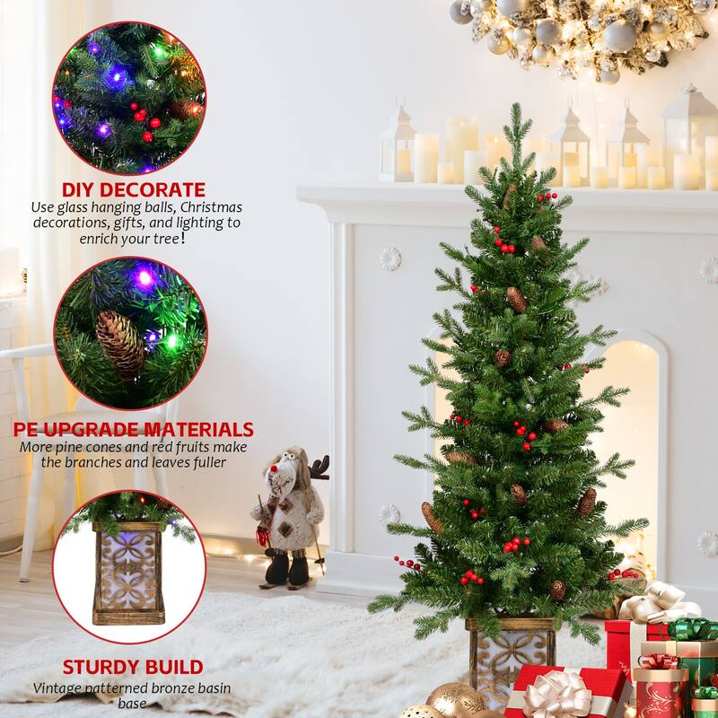 4ft Pre-Lit Green Christmas Tree With Glitter Base-100 Multicolor Led Lights,396 Tips,Red Berries & Pine Coness