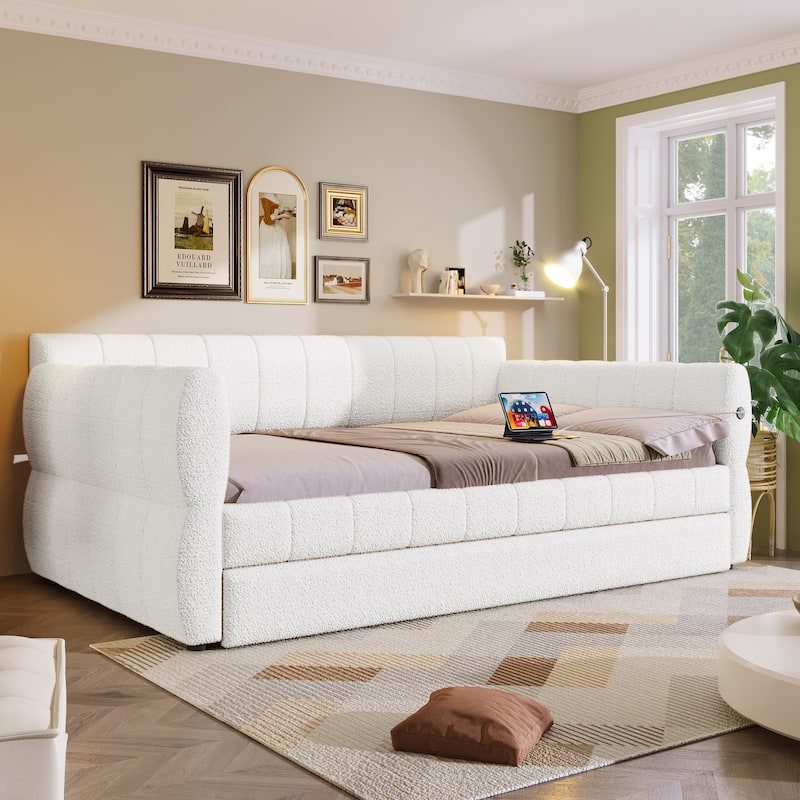 Modern Fabric Upholstered Daybed Queen Size Sofa Bed Frame with Backrest and Armrests, USB Charging Ports, No Box Spring Needed - White with Trundle - Queen