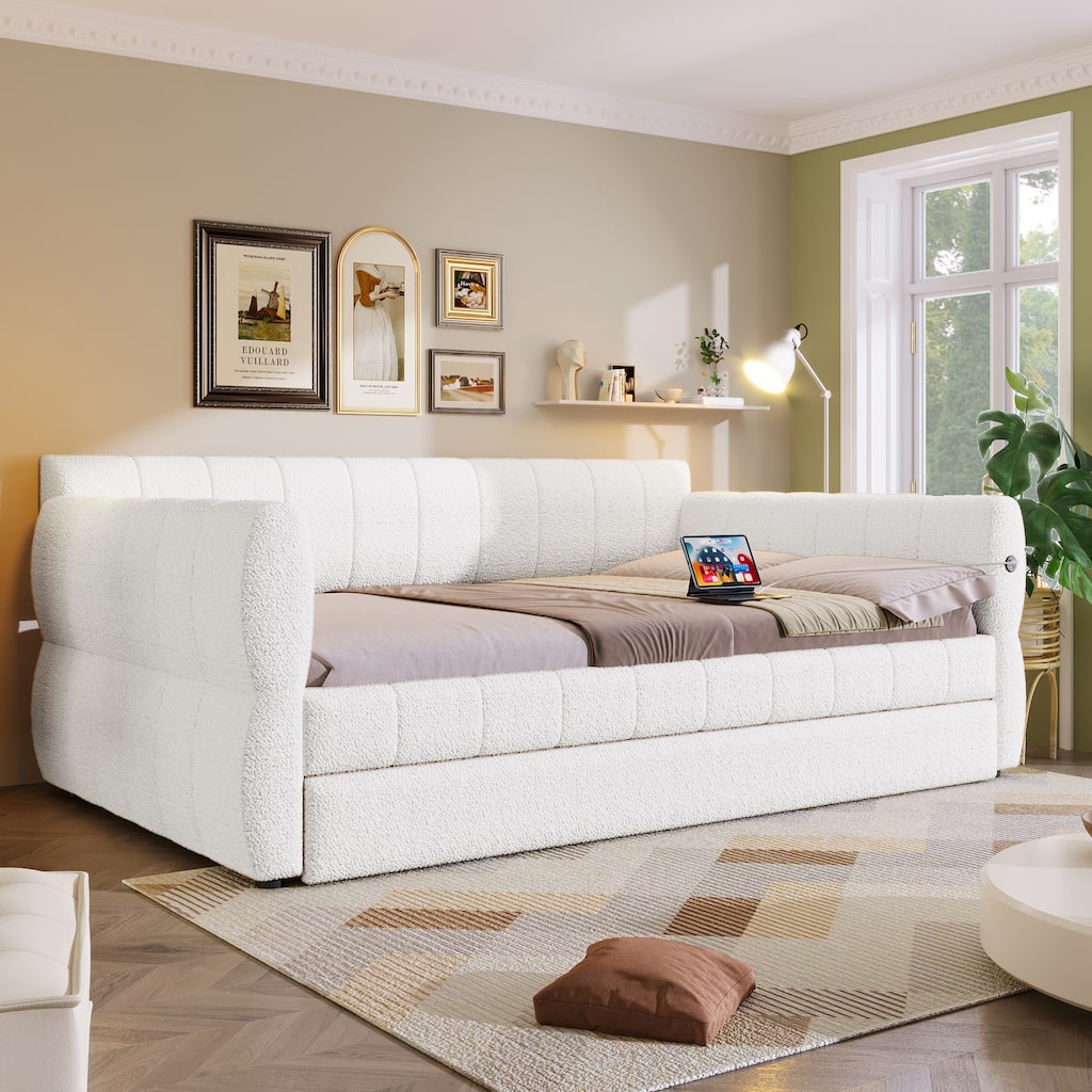 Modern Fabric Upholstered Daybed Queen Size Sofa Bed Frame with Backrest and Armrests, USB Charging Ports, No Box Spring Needed