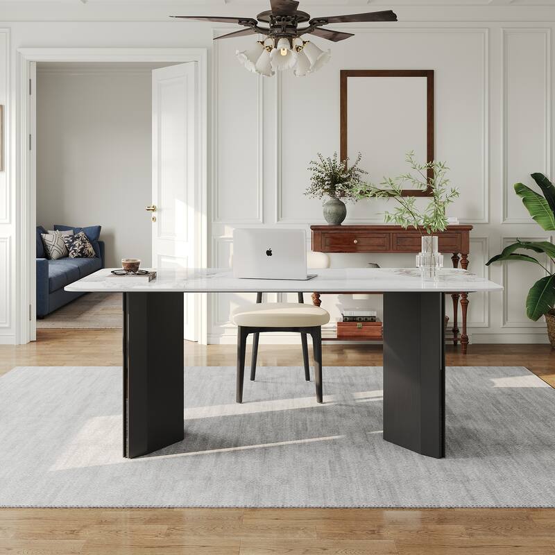 63" Modern Rectangular Writing Desk, Glossy White Sintered Stone Top, Black Stainless Steel Double Base