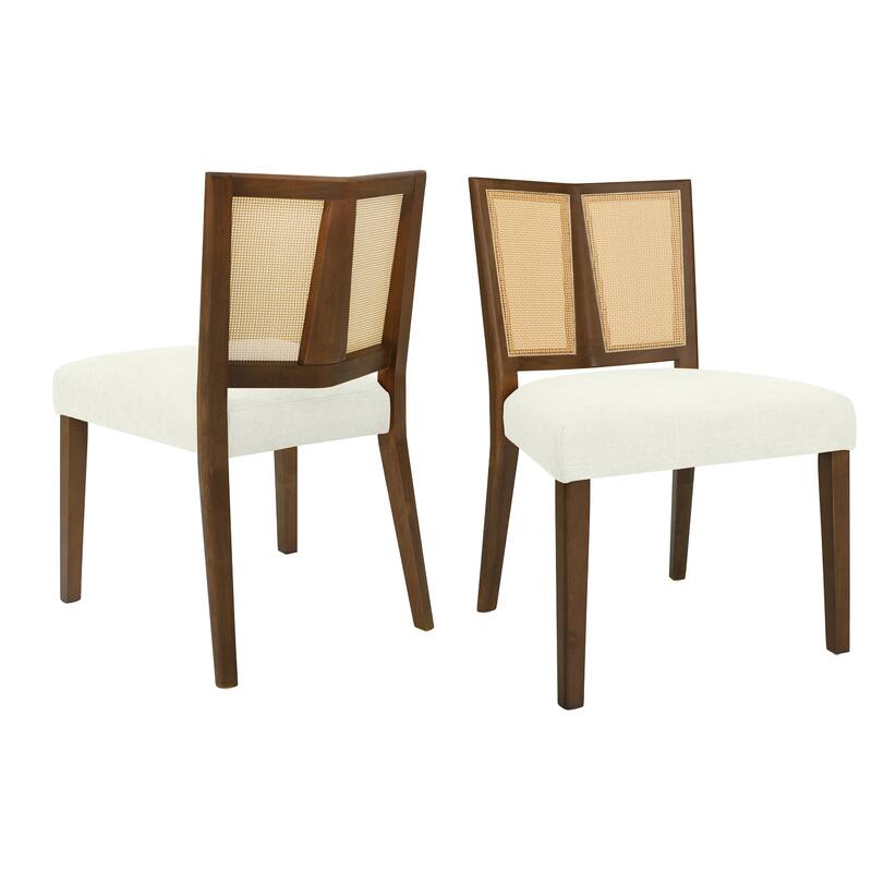 Mid-Century Armless Dining Chairs with Fabric Upholstered Seats and Rattan Trapezoidal Backs, for Dining Rooms, Set of 2