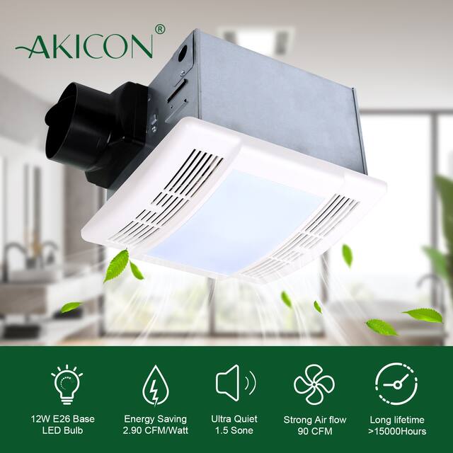 Ultra Quiet Bathroom Exhaust Fan with LED Light 90CFM 1.5 Sone Rectangule Plastic Cover White Finish