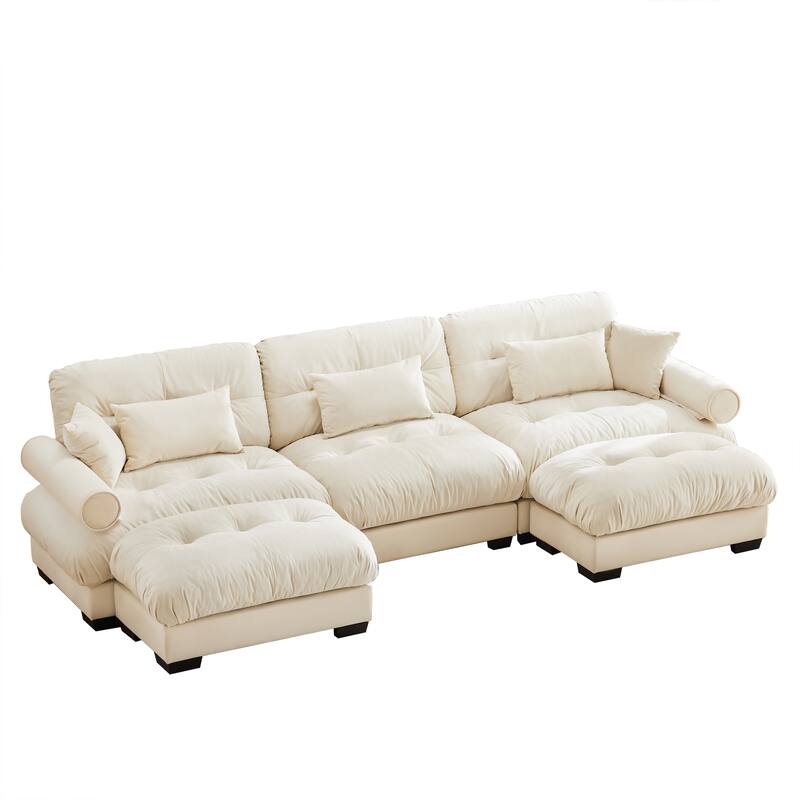 130" Velvet Modular Sectional Sofa with Ottomans & Pillows