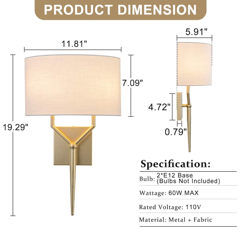 2-Light Y-Shaped Metal Frame Wall Sconce Half-Round Open Fabric Shade