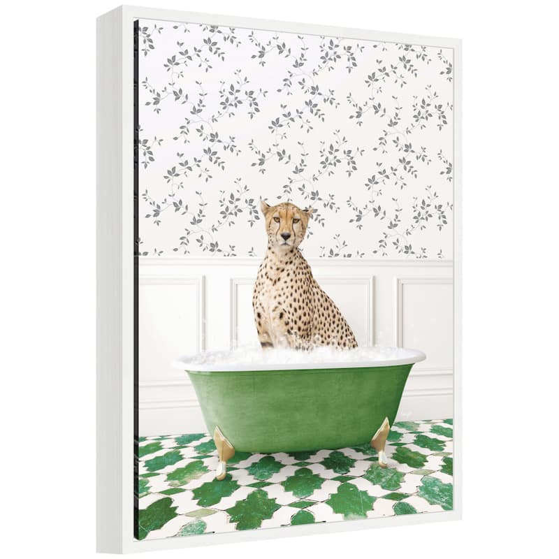 Kate and Laurel Sylvie Cheetah in Eclectic Green Bathtub Framed Canvas by Amy Peterson - White