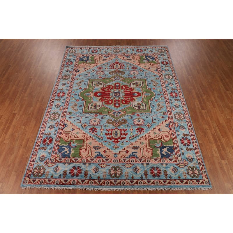 Blue Geometric Heriz Serapi Area Rug Hand-Knotted Wool Carpet - 8'10"x 11'10"