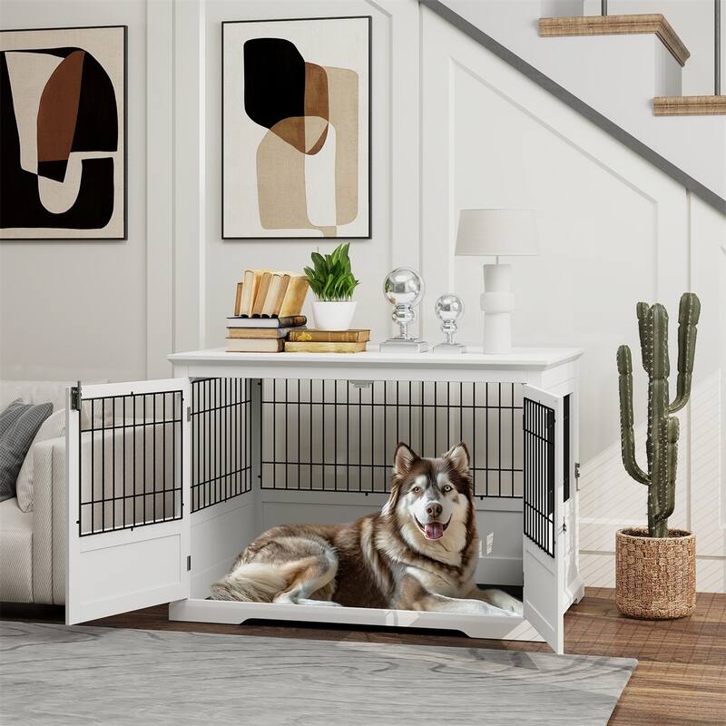 White MDF and Steel Extra Large Dog Crate with Three Doors Full-View Design Side Table Function and Removable Tray