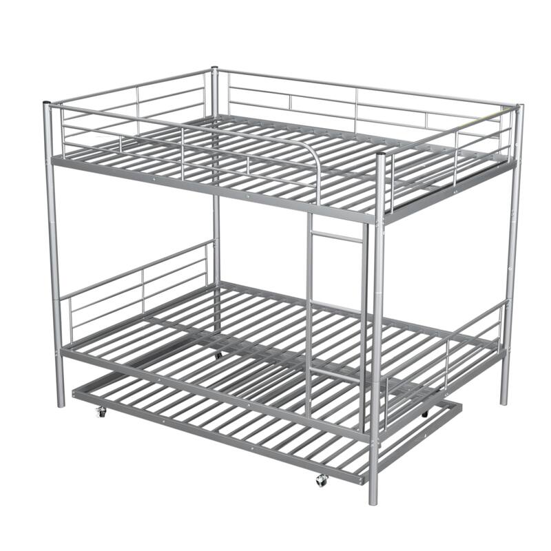 Full Over Full Metal Bunk Bed with Trundle, Silver Finish, Sturdy Iron Frame