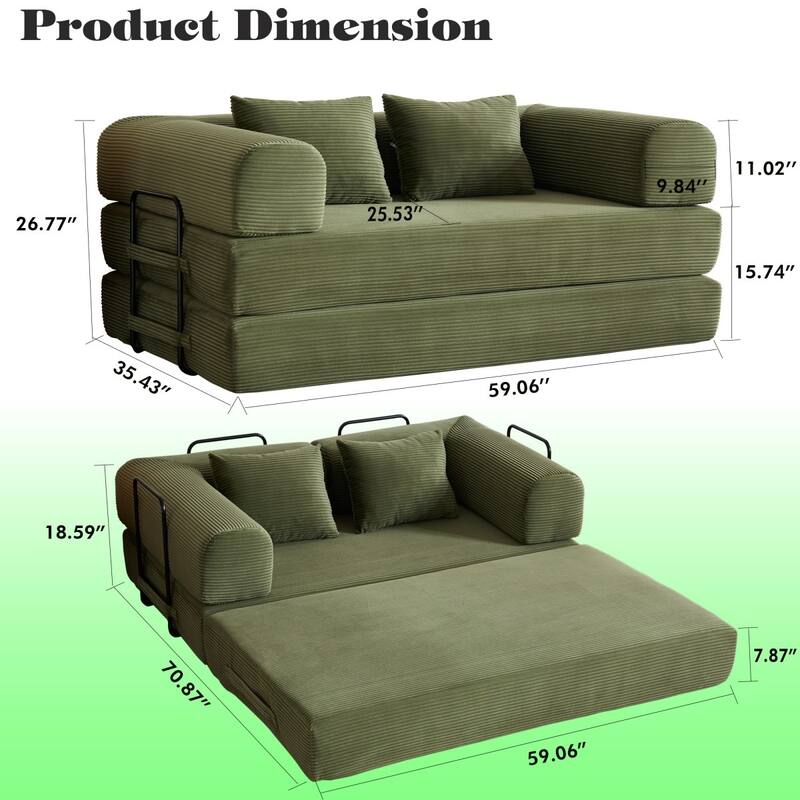 59.05'' Corduroy Convertible Sofa Bed with Cylindrical Pillow, Floor Sofa Lounge Couch