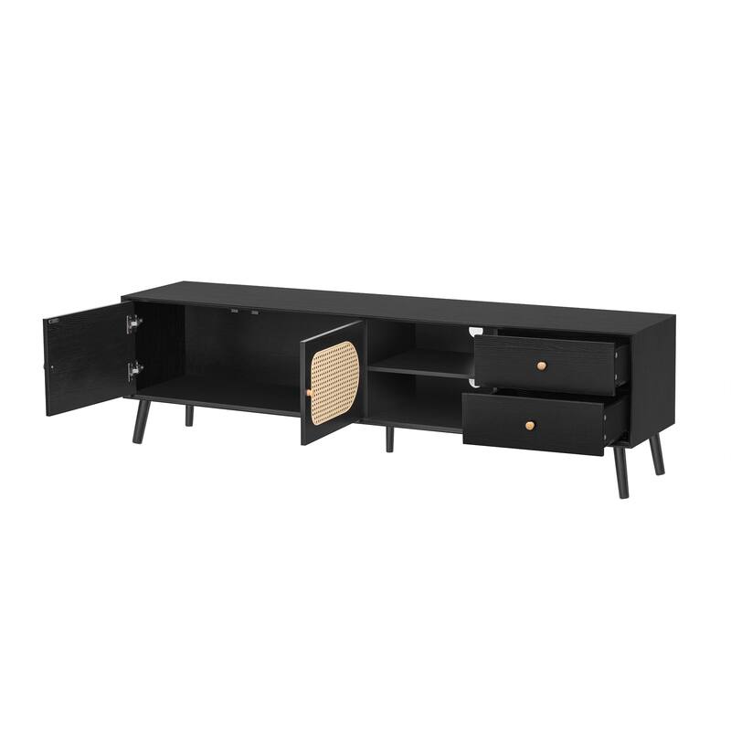 70" TV Stand up to 80 Inches,Mid Century Modern Entertainment Center with Rattan Doors,2 Drawers,and Open Shelf,Television Stand