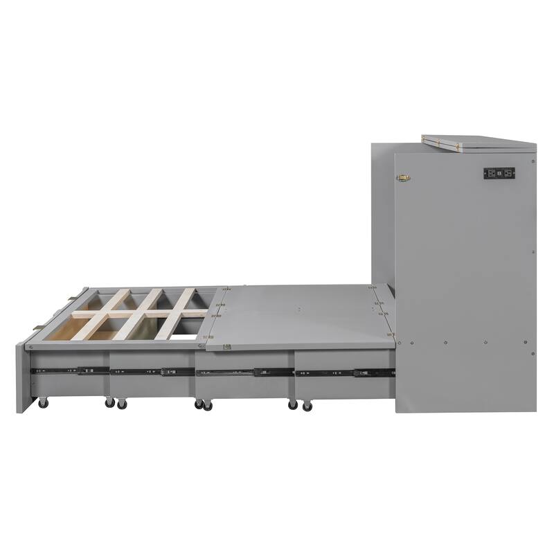 Queen Size Wall Bed with Drawer, USB Ports & Smooth Pulley Mechanism, Space-Saving Gray Cabinet Bed