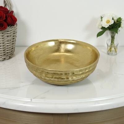 Round Tray with Hammered Accents, Vintage Details, 14 Inch Gold Resin