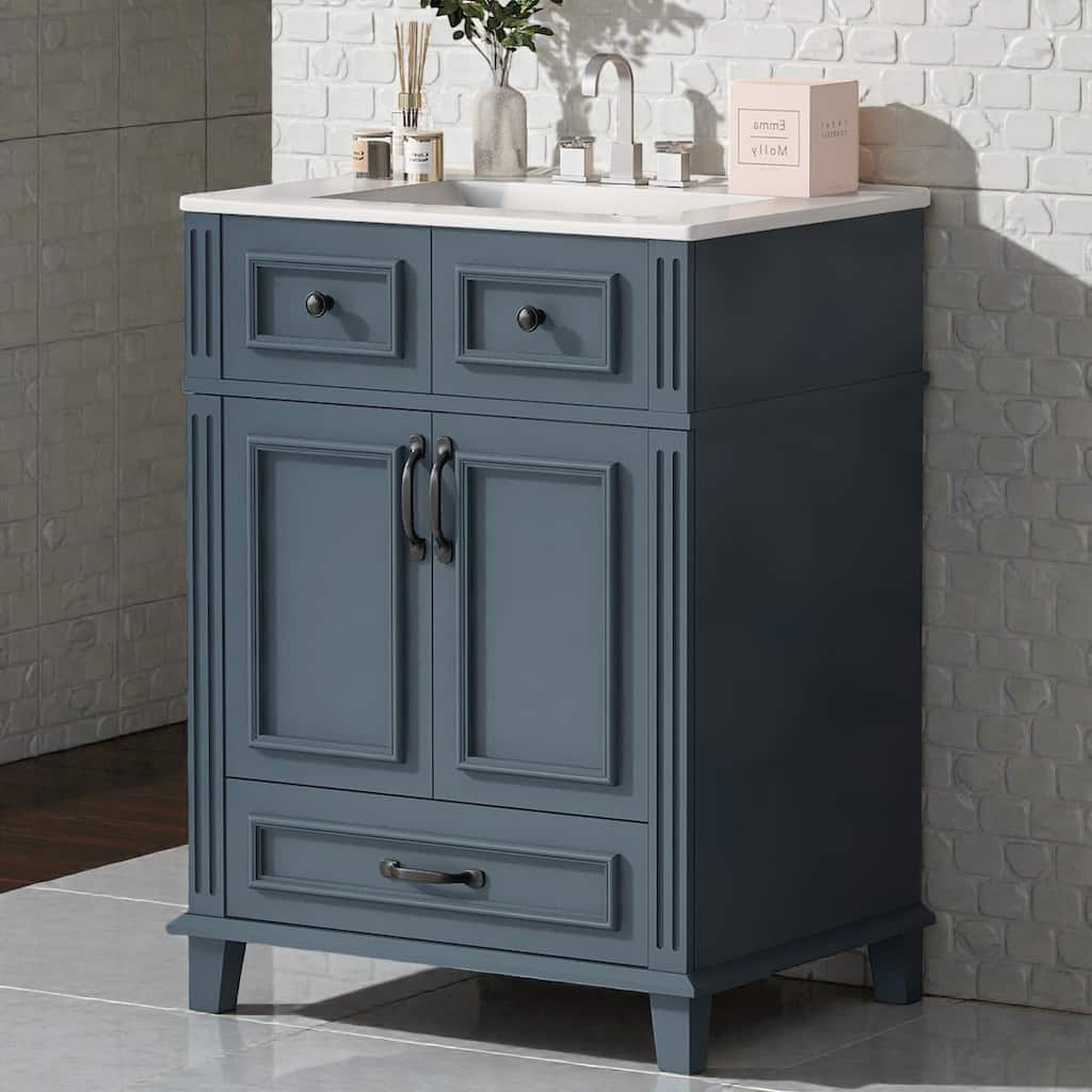 24 Inch Bathroom Vanity with Ceramic Sink, Solid Wood Frame, Soft Close Doors and Drawer, Retro Bathroom Cabinet