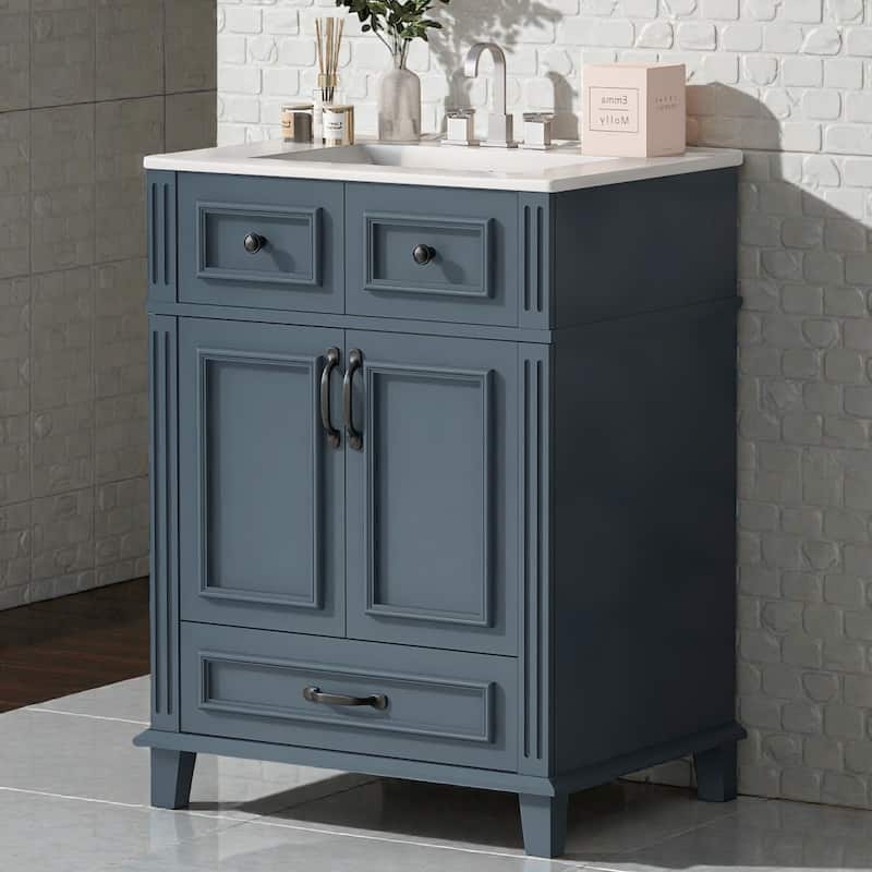 24 Inch Bathroom Vanity with Ceramic Sink, Solid Wood Frame, Soft Close Doors and Drawer, Retro Bathroom Cabinet - Blue