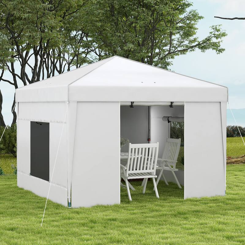 Outsunny 9.7' x 9.7' Pop Up Canopy with Sidewalls, Portable Canopy Tent with 2 Mesh Windows, Reflective Strips - White