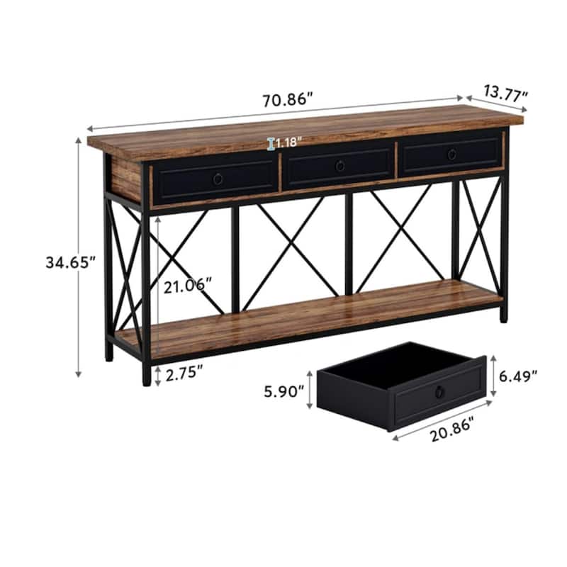 Farmhouse Console Table 71 Inch Wood Entryway Hallway Living Room Sofa Table with 3 Drawers and Bottom Shelf