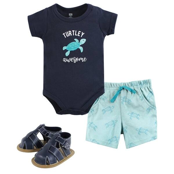 slide 1 of 1, Hudson Baby Infant Boy Cotton Bodysuit, Shorts and Shoe Set, Sea Turtle 0-3 Months - Sea Turtle
