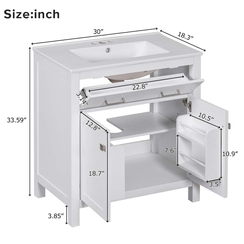 30-inch Bathroom Vanity with Ceramic Sink, Modern Green Single Bathroom Cabinet with 2 Doors and a Shelf, Soft Close Doors