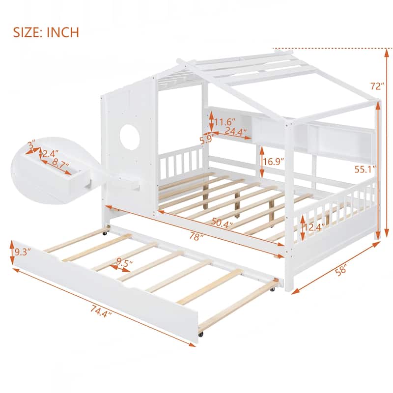 Wooden Full Size House Bed With Trundle, Modern Design for Kids with Storage Shlef